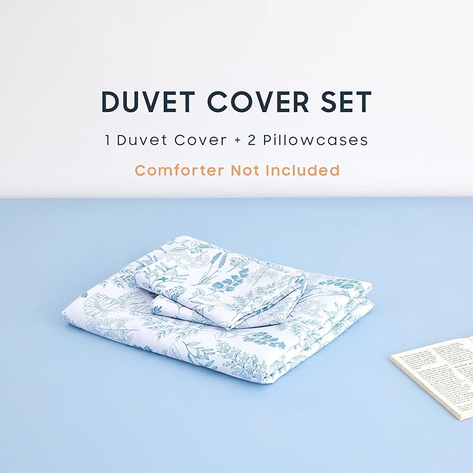 Wake In Cloud - Floral Duvet Cover Set, Botanical Vintage Flower Coquette Cottagecore Aesthetic for Women Teen Girls, Soft Lightweight Bedding, 3-Piece, Blue, Queen Size