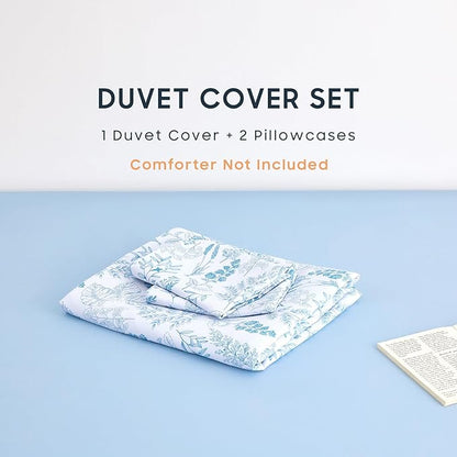 Wake In Cloud - Floral Duvet Cover Set, Botanical Vintage Flower Coquette Cottagecore Aesthetic for Women Teen Girls, Soft Lightweight Bedding, 3-Piece, Blue, Queen Size