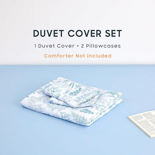 Wake In Cloud - Floral Duvet Cover Set, Botanical Vintage Flower Coquette Cottagecore Aesthetic for Women Teen Girls, Soft Lightweight Bedding, 3-Piece, Blue, Queen Size