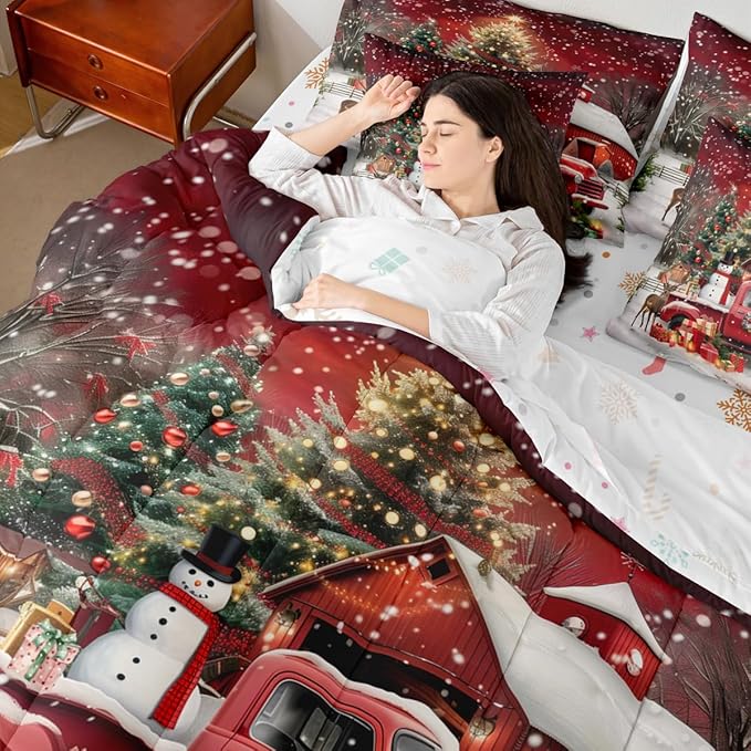 Merry Christmas Comforter Set 7 PCS,Luxury Christmas Trees and Gifts Bed Set for Girls Kids,Red Barn Truck Bed in a Bag Bedding Set with Comforter,Sheet Set,Pillowcases,Pillow Covers,Queen
