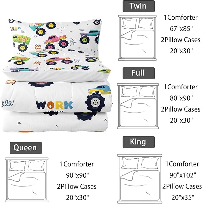 Kids Comforter Set for Boys,Cartoon Monster Car 3 Pieces Bedding Set King,Colorful Off-Road Vehicle All Season Soft Microfiber Down Alternative with 2 Pillowcases