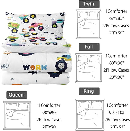 Kids Comforter Set for Boys,Cartoon Monster Car 3 Pieces Bedding Set King,Colorful Off-Road Vehicle All Season Soft Microfiber Down Alternative with 2 Pillowcases