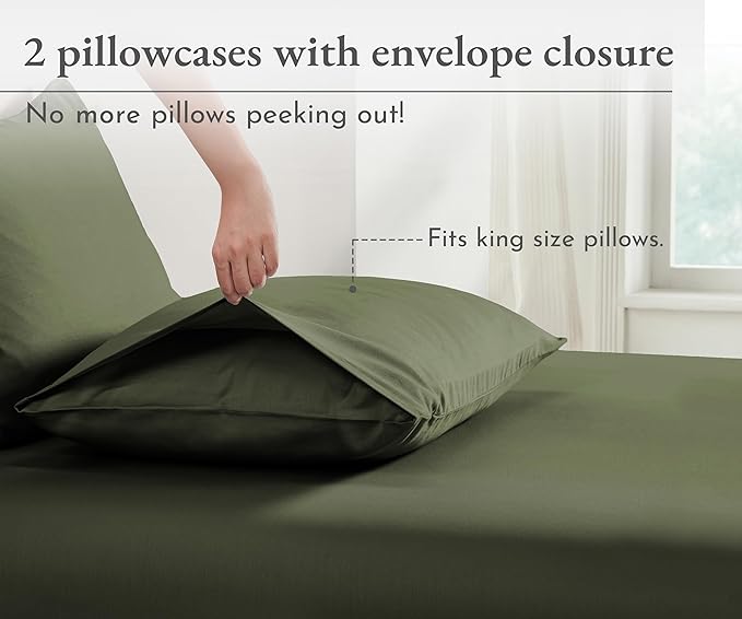 California Design Den 100% Organic Cotton Pillow Cases King Size Set of 2 - Soft & Crisp Percale Organic Cotton Pillow Protector Set, Fits King Pillows - Olive Green