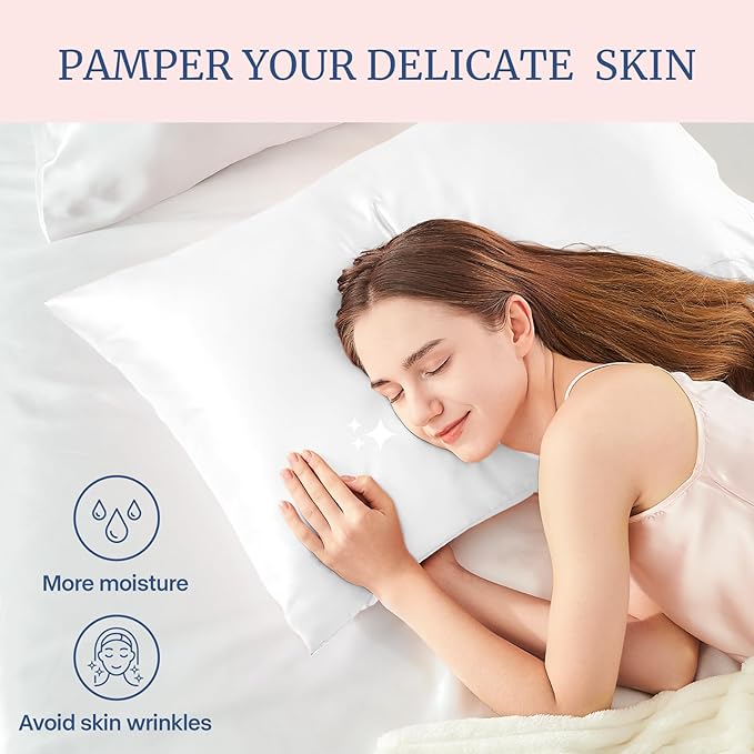 BEDELITE Satin Pillowcase for Hair and Skin, Super Soft and Cooling Similar to Silk Pillow Cases 2 Pack with Envelope Closure, Gift for Women Men(20"x26" Standard Size, White)