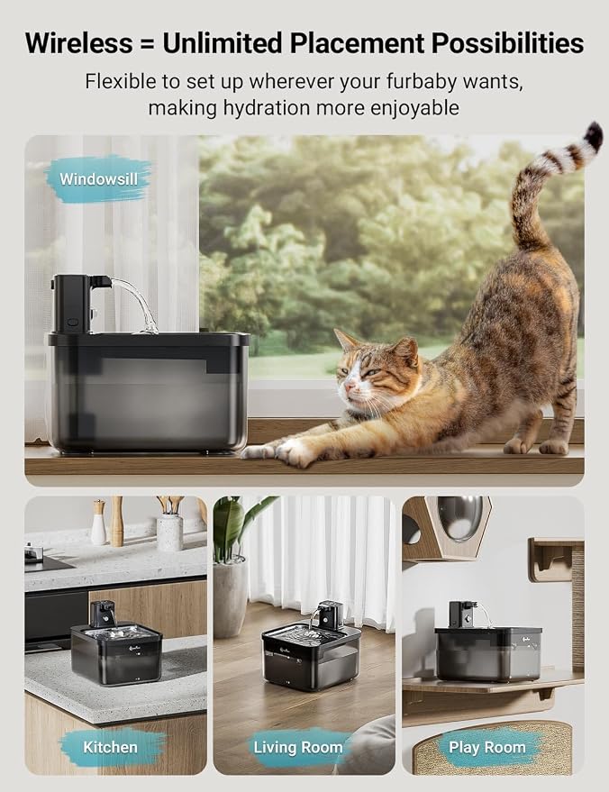 DownyPaws Cat Water Fountain Cordless, Pet Fountain, 84oz/2.5L, Black Pro | Wireless Cat Drinking Water Fountains for Cats Indoor, Fursink , Battery Operated, Motion Sensor, Ultra Quiet Pump, BPA-Free