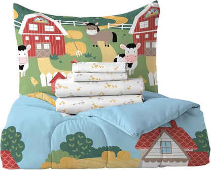 Dream Factory Kids 5-Piece Complete Bed Set Easy-Wash Super Soft Microfiber Comforter Bedding, Twin, Multi Barnyard Animals