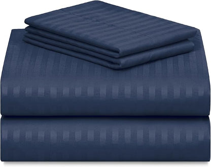 LuxClub 4 PC King Size Sheet Set, Breathable Luxury Bed Sheets, Deep Pockets 18" Wrinkle Free Cooling Machine Washable Hotel Bedding (Striped Navy)
