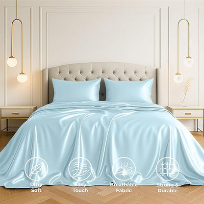 Pure Bedding Satin Sheets Twin [3-Piece, SkyBlue] Hotel Luxury Silky Bed Sheets - Extra Soft 1800 Microfiber Sheet Set, Wrinkle, Fade, Deep Pocket Fitted Sheet, Flat Sheet, Pillow Cases