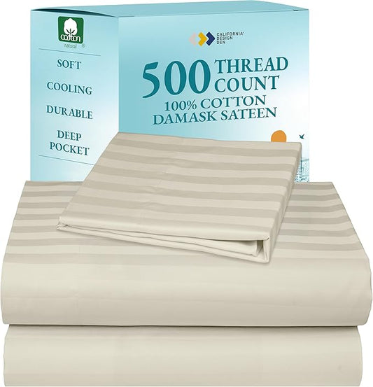 California Design Den 3 Piece Twin Size Sheet Set - 100% Cotton 500 Thread Count Sateen, Deep Pocket Bed Sheets with Fitted Elastic Sheet, Soft Luxury - Striped Ivory