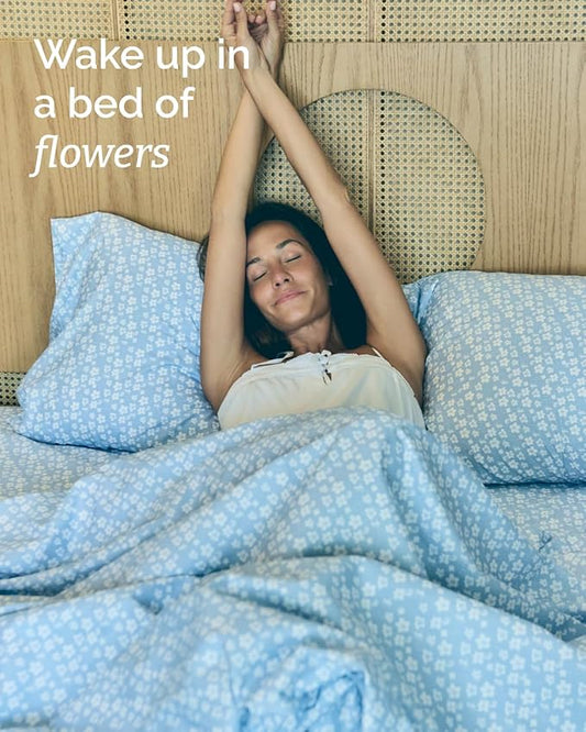 Floral Sheets - Blue Floral Bed Sheet Set - 1 Flat, 1 Fitted & 2 Pillowcases w/ Deep Pockets - Comfy, Wrinkle & Fade Free - Boho Botanical Bedding - Ultra-Soft, Breathable & Cooling - King Size Set