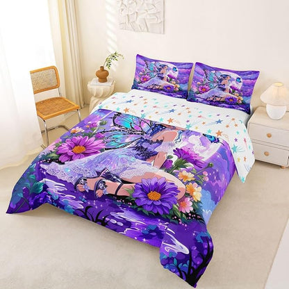 Erosebridal Fairy Girl Bedding Sets Queen - Flower Fairytale Comforter Set for Kids Adults Blue Butterfly Floral Decor Duvet Insert Purple Galaxy Moon Quilt