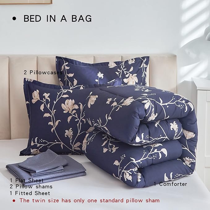 AIKASY Bed in a Bag King Comforter Set，7 Pieces Floral Comforter Set Bedding Sets with (1 Comforter, 2 Pillow Shams, 1 Flat Sheet, 1 Fitted Sheet, 2 Pillowcases) (Navy, King)