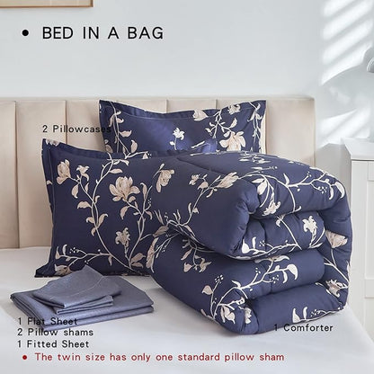 AIKASY Bed in a Bag King Comforter Set，7 Pieces Floral Comforter Set Bedding Sets with (1 Comforter, 2 Pillow Shams, 1 Flat Sheet, 1 Fitted Sheet, 2 Pillowcases) (Navy, King)