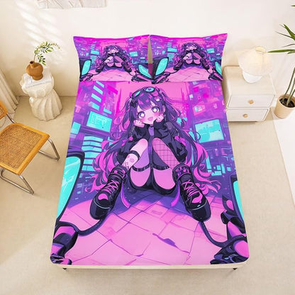 Erosebridal Fashion Girls Queen Bed Sheets Japanese Girl Fitted Sheet,Girly 3D Gaming Kids Bedding Sets Fashion Pink Coquette Sheets with 2 Pillowcases