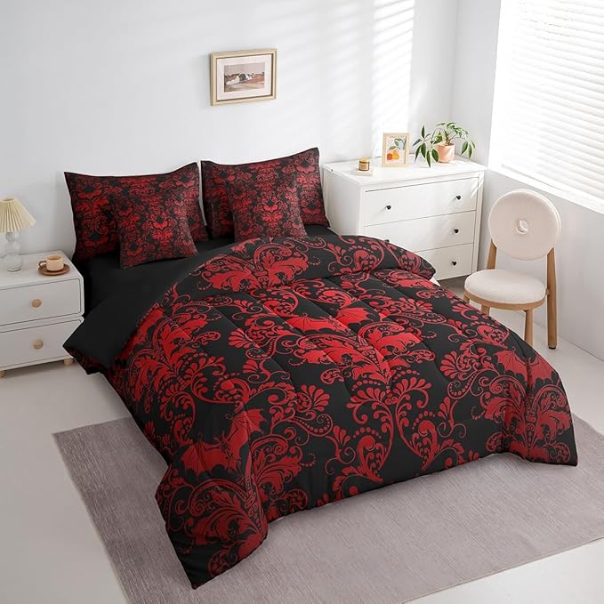 Erosebridal Gothic Damask 7 Piece Comforter Set Full Bed in a Bag,Halloween Bat Bedding Sets Red Black Victorian Floral Goth Sheet Set with Comforter