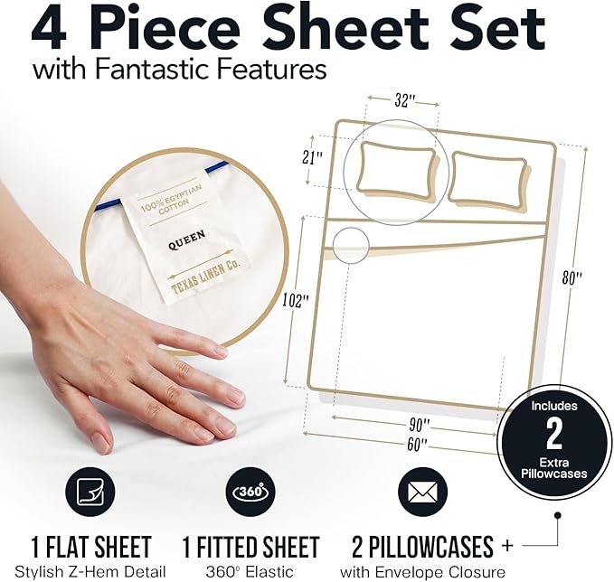 TEXAS LINEN CO. 100% Egyptian Cotton Queen Sheets Set - Luxury 1500 Thread Count Egyptian Cotton Sheets Queen Size Bed Set, 17" Deep Pocket, Soft, Cooling Sateen Hotel Quality Bedding Set - Ivory