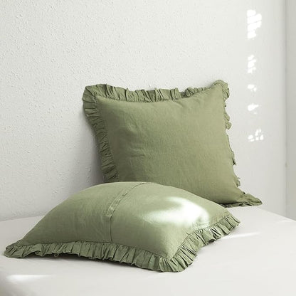 Simple&Opulence 100% Linen Euro Sham Covers with Ruffle, 26x26 Inch Pillow Covers Set of 2, Euro Pillow Shams for Bed Couch French Home Decor Luxury and Breathable Square Pillow Cases, Sage Green
