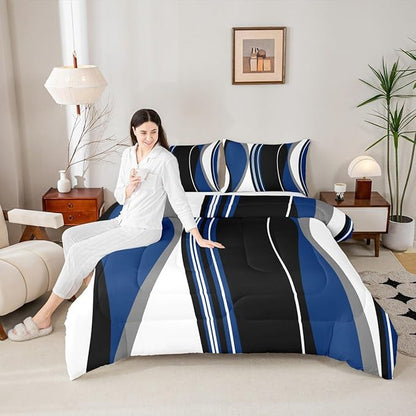 Erosebridal Blue Black Abstract Twin Bedding Sets for Adult Women Men Grey Modern Striped Comforter Set Geometric Stripes Lines Quilt Duvet Set Contemporary Art Boho Bedding Collections for Minimalist
