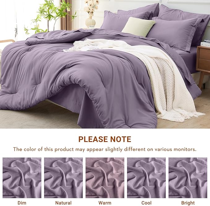 MUXHOMO 7 Pieces Queen Comforter Set, Soft Bed in a Bag Queen Size, All Season Bedding Set with Comforter, Flat Sheet, Fitted Sheet, Pillowcases & Shams, Greyish Purple