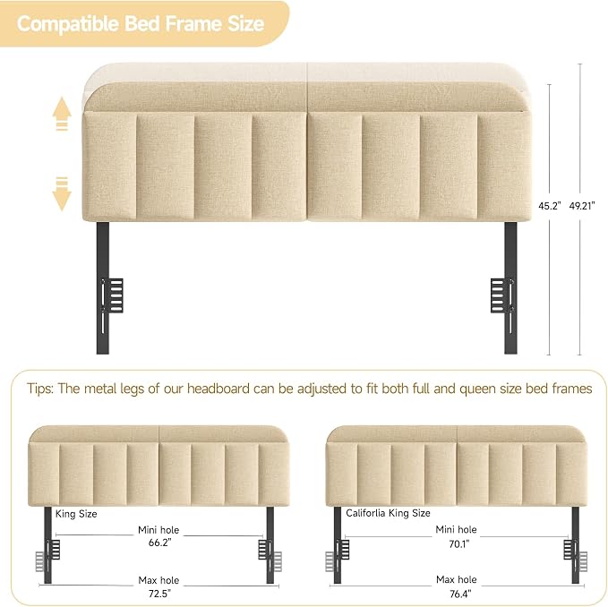 Adjustable Headboard for King/California King Size Bed Frame, Linen Fabric Bed Headboard with Storage & RGB LED Light in Modern Vertical Channel Design, Beige