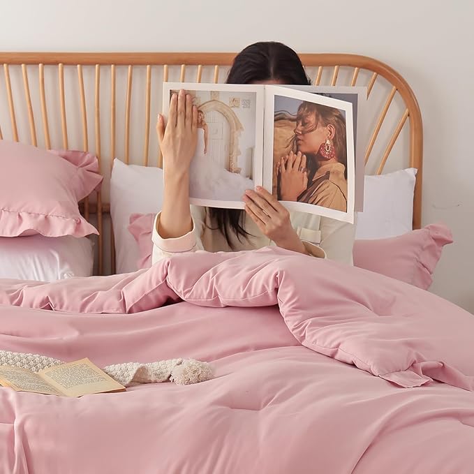 JANZAA Queen Comforter Set Baby Pink Ruffle Comforter with 2 Pillowcase Soft Queen Size Bed Set Vintage Farmhouse Bed Comforter Set Fluffy Shabby Chic Bedding for All Season