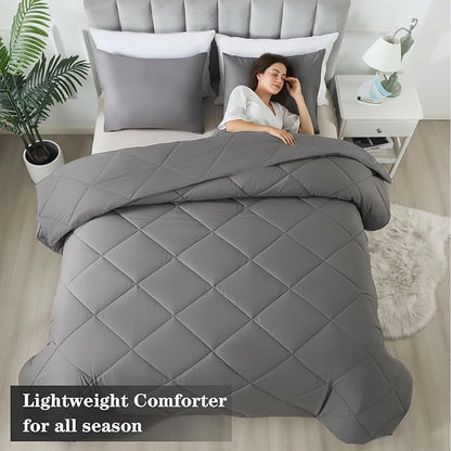 3-Piece Twin Comforter Set,All-Season,Soft & Hypoallergenic &Breathable Bedding,Polyester Quilted,Down Alternative(Comforter*1 & Pillowcases*1),Dark Gray