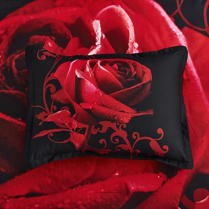 Red Comforter Set King 7 Piece Bed in a Bag Red Rose Flower Comforter with Sheet Set Soft Micorfiber Reversible Bedding Set (1 Comforter,2 Pillow Shams,1 Flat Sheet,1 Fitted Sheet,2 Pillowcases)