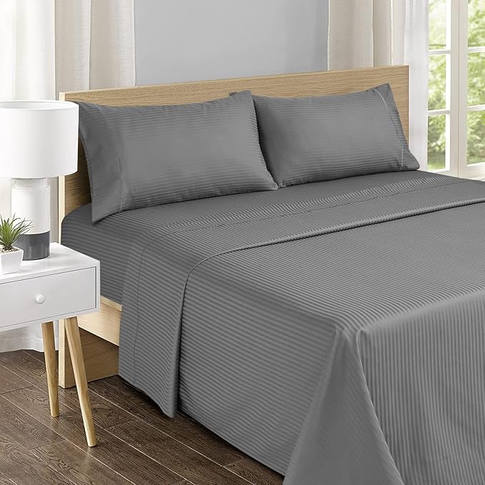 Feather & Stitch 500 TC Split King Size Sheet Set, 5 Piece Bed Sheets Set-2 Twin Fitted Sheet, 1 King Flat Sheet & 2 King Pillowcases, 18" Deep Pockets Sateen Weave Striped Bedsheet - (Grey Stripe)