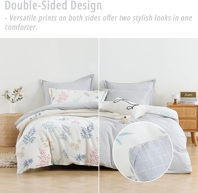 White Cotton Comforter Queen Size 3Pcs - Blue, Beige and Blush Botanicals Pattern on White, Gray Grid Back, Reversible Lightweight Bedding Sets with Soft Fill(Queen, 90"×90")
