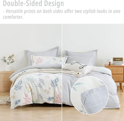 White Cotton Comforter Queen Size 3Pcs - Blue, Beige and Blush Botanicals Pattern on White, Gray Grid Back, Reversible Lightweight Bedding Sets with Soft Fill(Queen, 90"×90")