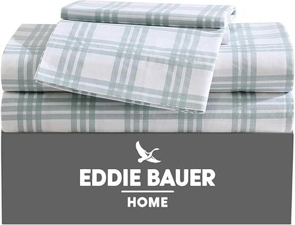 Eddie Bauer - King Sheets, Cotton Percale Bedding Set, Crisp & Cool Home Decor (Light Green Plaid, King)