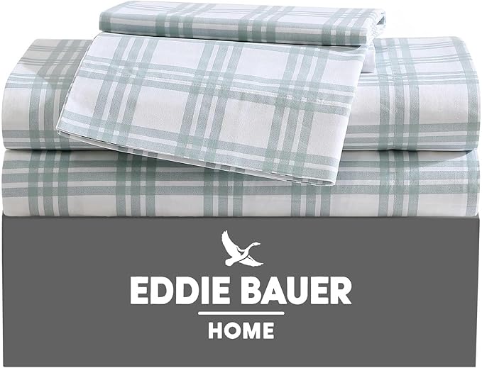 Eddie Bauer - Full Sheets, Cotton Percale Bedding Set, Crisp & Cool Home Decor (Light Green Plaid, Full)