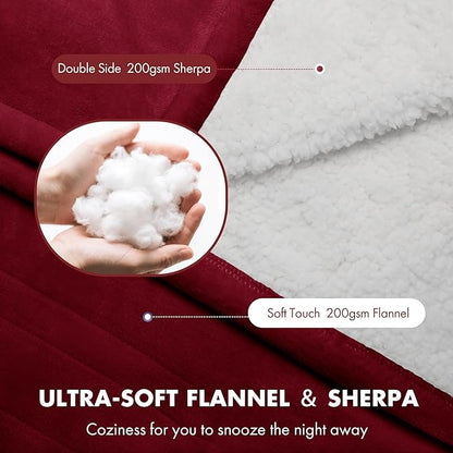 Electric Blanket Queen Size 84" x 90" - Flannel Sherpa Washable Heated Blanket with Dual Control, 5 Heating Levels & 10 Hours Auto Off, Heating Blanket with Overheat Protection for Home(Red)