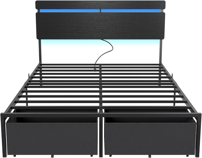 Forestell Full Size Bed Frame with Wood Headboard,2 Storage Drawers & Shelf | Built-in Charging Station & LED Lights, Metal Support, No Box Spring Needed, noise-free, easy assembly, Smart RGB, USB+Type-C