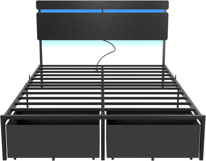 Forestell Full Size Bed Frame with Wood Headboard,2 Storage Drawers & Shelf | Built-in Charging Station & LED Lights, Metal Support, No Box Spring Needed, noise-free, easy assembly, Smart RGB, USB+Type-C