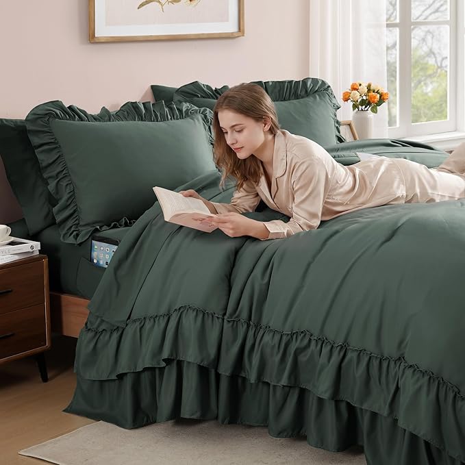 Full Comforter Set Forest Green, Ruffle Shabby Chic Bedding Set Farmhouse 7 Pieces, All Season Fluffy Bed in a Bag with Sheets, Pillowcases & Shams