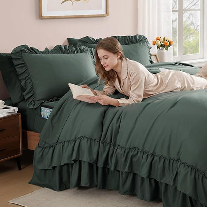 Full Comforter Set Forest Green, Ruffle Shabby Chic Bedding Set Farmhouse 7 Pieces, All Season Fluffy Bed in a Bag with Sheets, Pillowcases & Shams