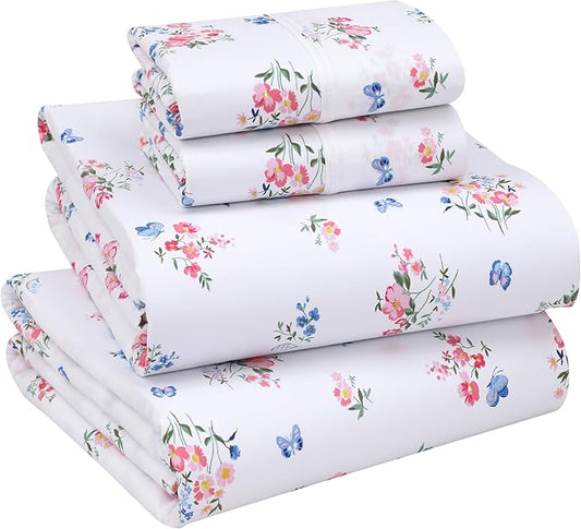 RUVANTI 100% Cotton Sheets – Full Size Percale Bedding, Cooling & Breathable Floral Design, Durable with a Crisp, Soft & Comfortable Feel, 16" Deep Pocket, 4-Piece Set, Funa Flora
