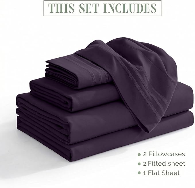 Elegant Comfort Luxurious 1500 Premium Hotel Quality Microfiber Three Line Embroidered Softest 5-Piece Bed Sheet Set, Wrinkle and Fade Resistant, Split King, Eggplant-Purple
