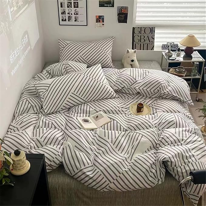 VM VOUGEMARKET Gray Striped Duvet Cover Set, 100% Cotton Geometric Bedding Set,3 Pieces Instagram Style Simple Modern Duvet Cover with 2 Pillowcases-Queen,Gray Stripes