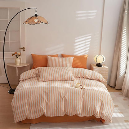 Orange Striped Queen Comforter Fluffy Down Alternative Bedding Set Soft Washed Cotton Chic All Season Bedding Comforter Sets Cute Boho Cozy Rustic Bed Comforter with 2 Pillowcases