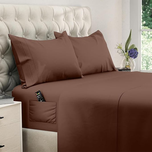 DREAMCARE Full Size Sheets Set - 4 Pcs Cooling Bed Sheets with Up to 15" Deep Pockets - Soft, Long-Lasting 100% Brushed Polyester with Side Pocket (Mocha Brown)