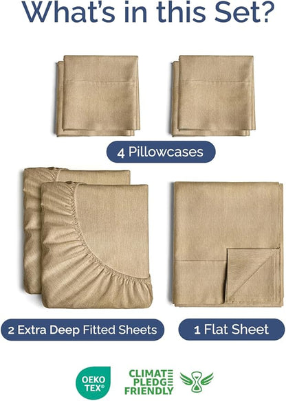 Extra Deep Split King Sheet Set - 7 Piece Breathable and Cooling Sheets - Hotel Luxury Bedding for Women, Men, Kids & Teens - Easy Secure Fit - Soft & Wrinkle Free - Extra Deep Pockets - Heathered Tan