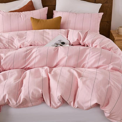 Merryword Pink Striped Duvet Cover Set Queen Size - 100% Cotton Bedding Set with Wide Zipper & 8 Corner Ties, Soft Breathable Bedding Set Elegant Pastel Comforter Cover for All Seasons