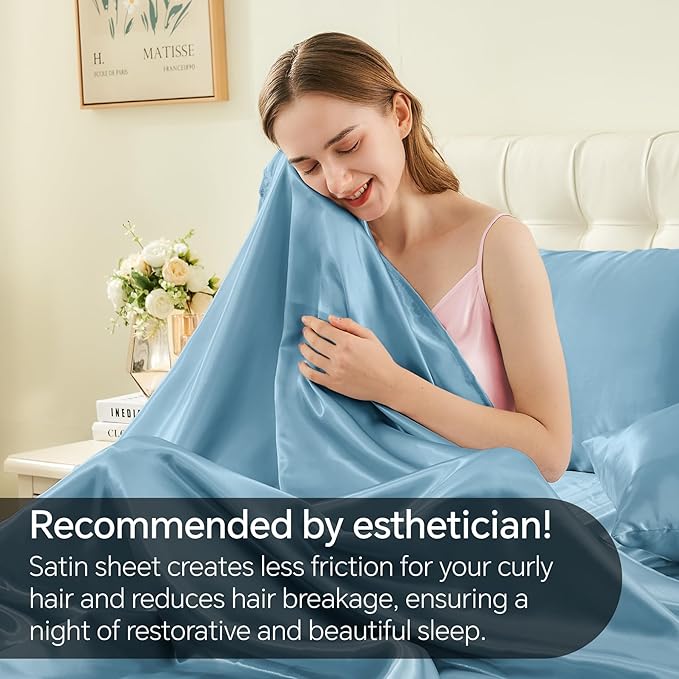 BEDELITE Satin Sheets Twin XL Size Bed Set, Luxury Soft Airy Blue Sheets for Hair and Skin, Similar to Silk Bed Sheets Set 3 Pieces with 1 Deep Pocket Fitted Sheet, 1 Flat Sheet, and 1 Pillowcase