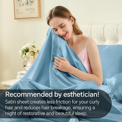 BEDELITE Satin Sheets Twin XL Size Bed Set, Luxury Soft Airy Blue Sheets for Hair and Skin, Similar to Silk Bed Sheets Set 3 Pieces with 1 Deep Pocket Fitted Sheet, 1 Flat Sheet, and 1 Pillowcase