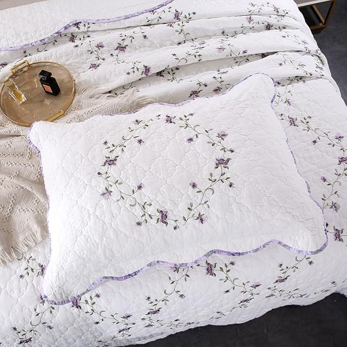 vctops 3-Piece Elegant Floral Embroidered Bedspread Coverlet Set King Size 100% Cotton Reversible Patchwork 1 Quilt and 2 Pillow Shams (Purple,King)