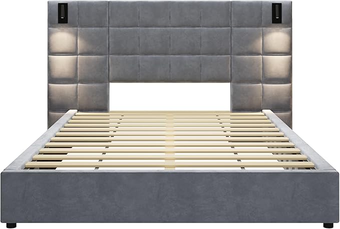Merax Upholstered Queen Bed, with Reading Lamp and USB Port, Wide Velvet Headboard, (Without Bedside Tables and Mattress), Grey