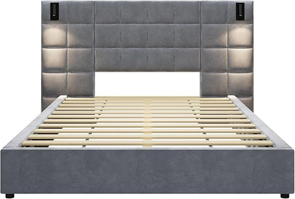 Merax Upholstered Queen Bed, with Reading Lamp and USB Port, Wide Velvet Headboard, (Without Bedside Tables and Mattress), Grey