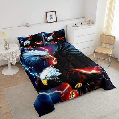 American Flag Eagle Comforter Set King Size,Lightning Night Bedding Set 3pcs,Kids Girls Boys Adult Room Decor,Wild Animals Theme Duvet Insert Vintage Cool Quilted Duvet Set with 2 Pillowcases